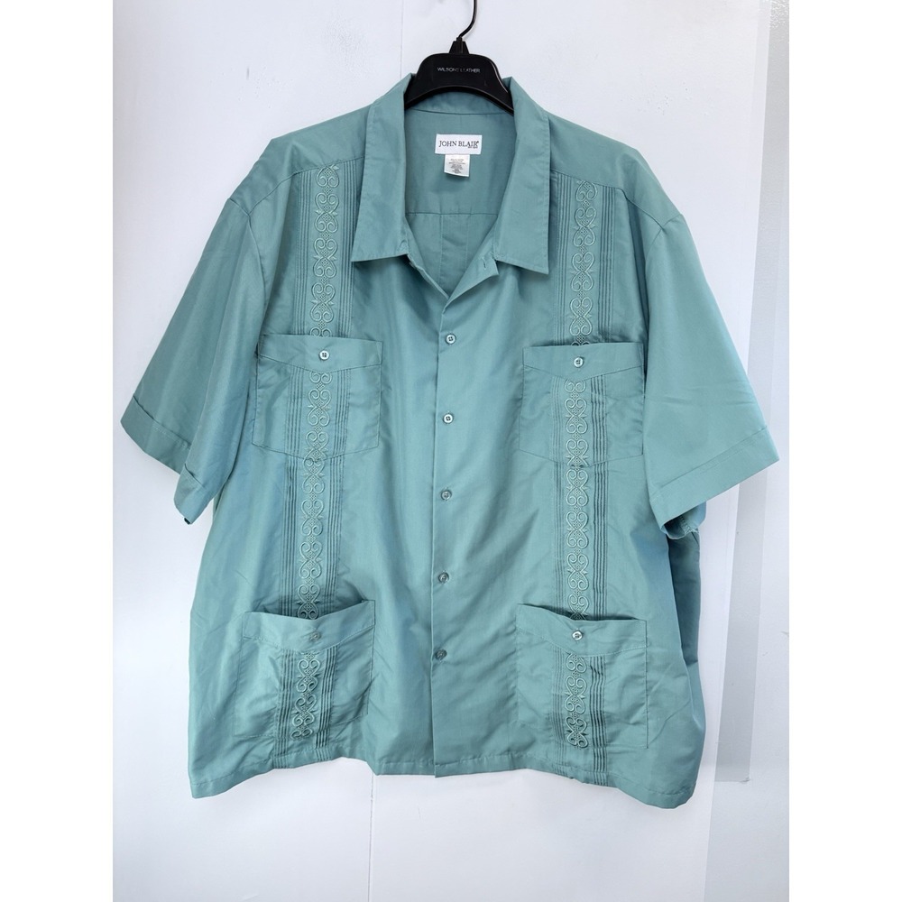 John Blair Men's 4XL Short Sleeve Guayabera Shirt Green‎ Embroidered Vacation